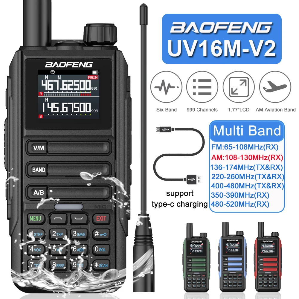 Baofeng 15W Walkie Talkie UV16M V2 AM FM Two Way Radios Frequency replication Six Band With Type-C Cable Upgraded UV9R UV16 Plus