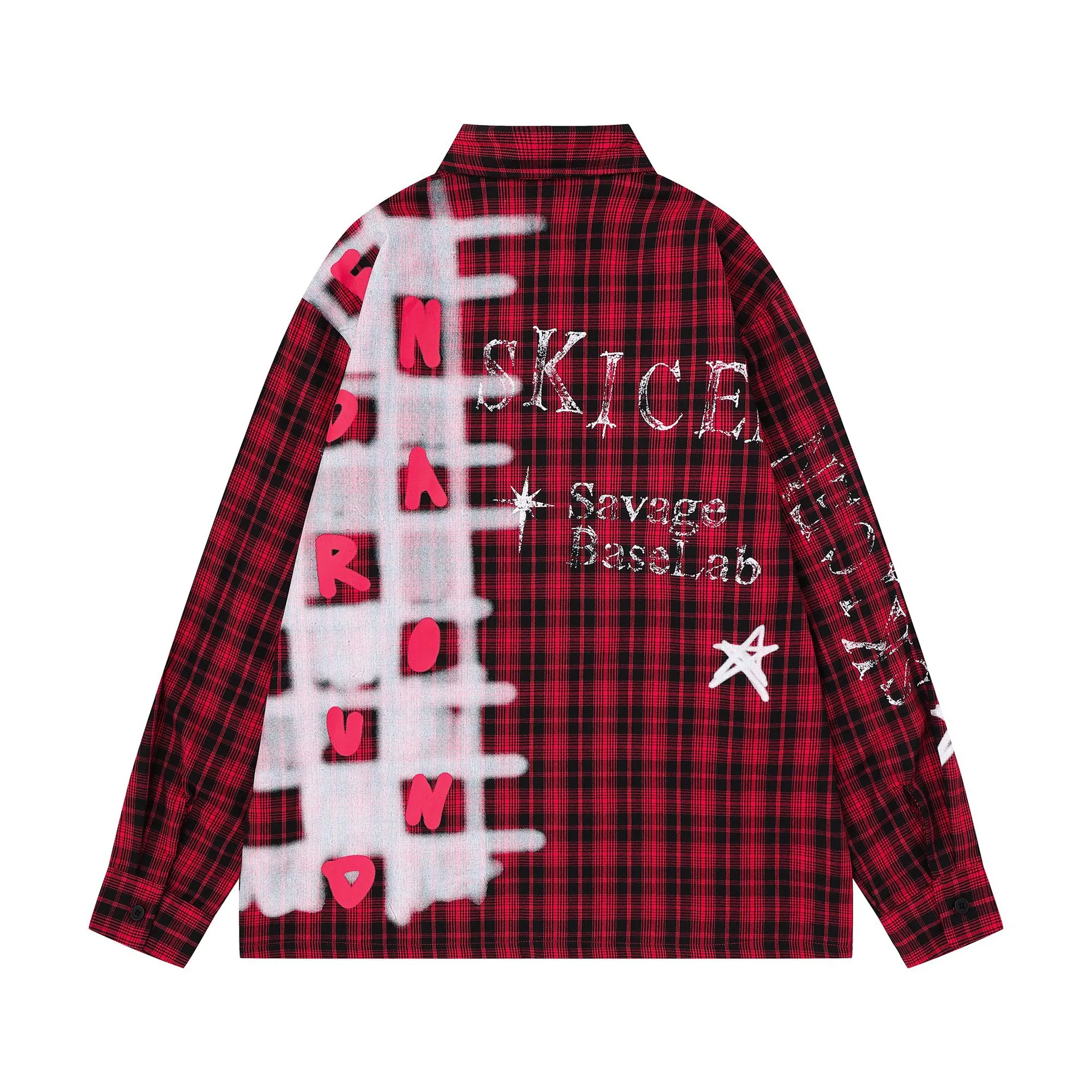Men Vintage Graffiti Print Plaid Shirt 2026 Long Sleeve Casual Streetwear Oversized Button Tops Red