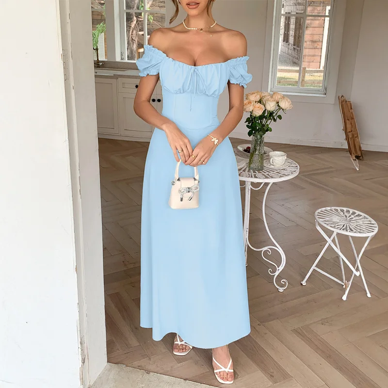 

Off-Shoulder Light Blue Waist-Cinching Dress French-Style Elegant Long Maxi Dress With A Large Hem Vacation
