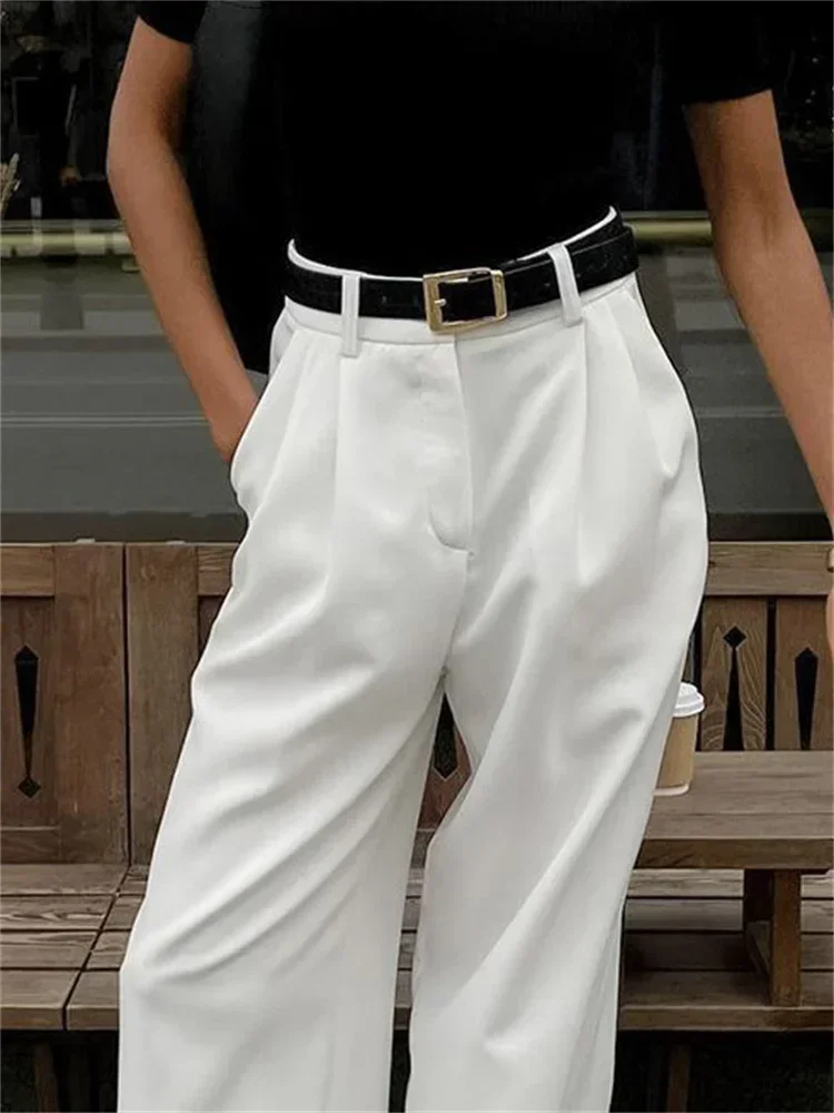 FJM-Pantalon blanc taille haute pour femmes, vêtements simples et décontractés, à la mode, de couleur blanche, collection automne