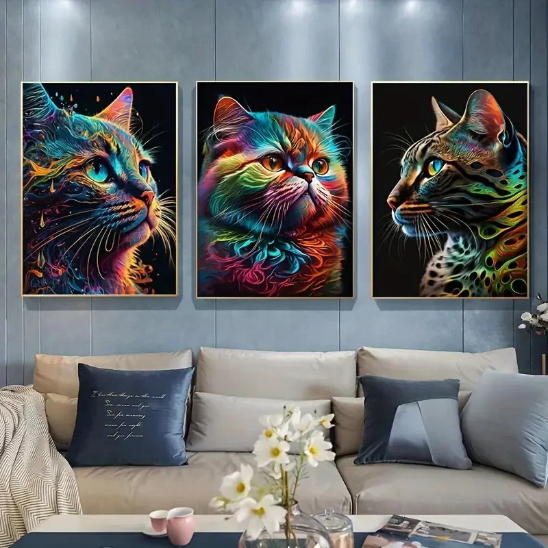 3 Piece Colorful Cat Canvas Wall Art Set, Frameless, Modern Exotic Shorthair Feline Paintings, Living Room Decor, No Electricity