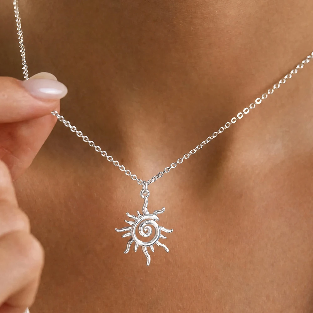 Stainless Steel Spiral Sun Pendant Necklace with Openwork Design—Perfect for Everyday Wear, Vacations, and Dates