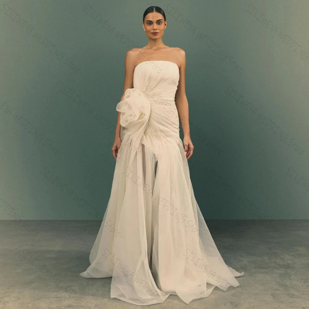 Ivory Ruffled Floral Strapless Evening Dress Custom Elegant Simple Pleated Flower Formal Party Dresses