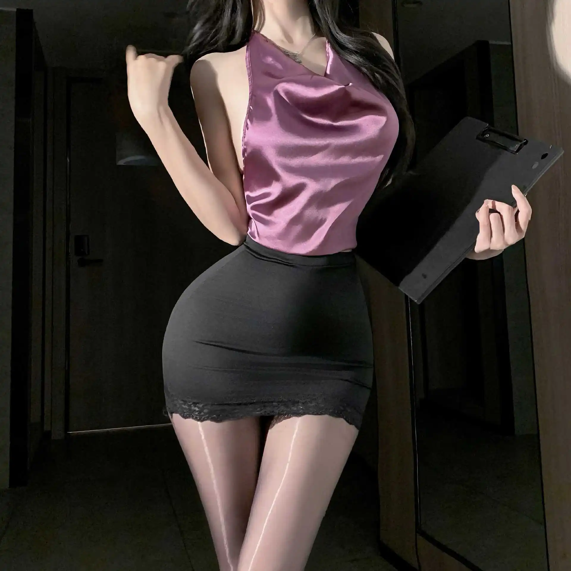 

Women Sexy Lingerie Commute OL Secretary Backless Uniform Cosplay Exotic Office Lady Transparent Lace Halter Top Hip Wrap Skirt