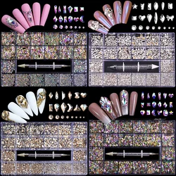 2800 adet Nail Art Rhinestones kiti kutulu 21 izgaralar karışık boyutu Set 1 adet Pick Up kalem cam kristal süslemeleri 3D AB düz taşlar