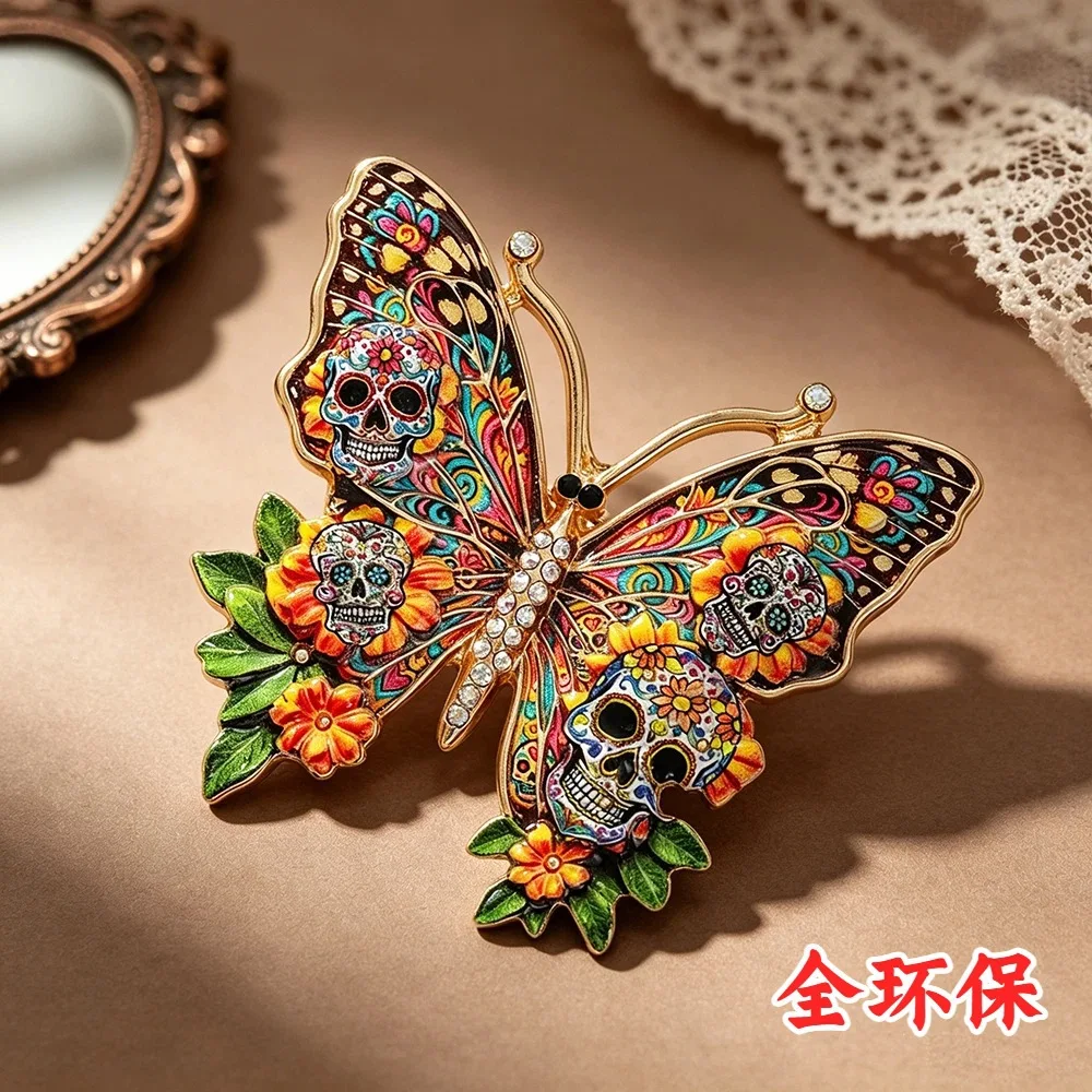 Halloween Floral Sugar‑Skull Butterfly Enamel Brooch Rhinestone Metal Lapel Pin Day‑of‑the‑Dead Clothes Decor Accessory