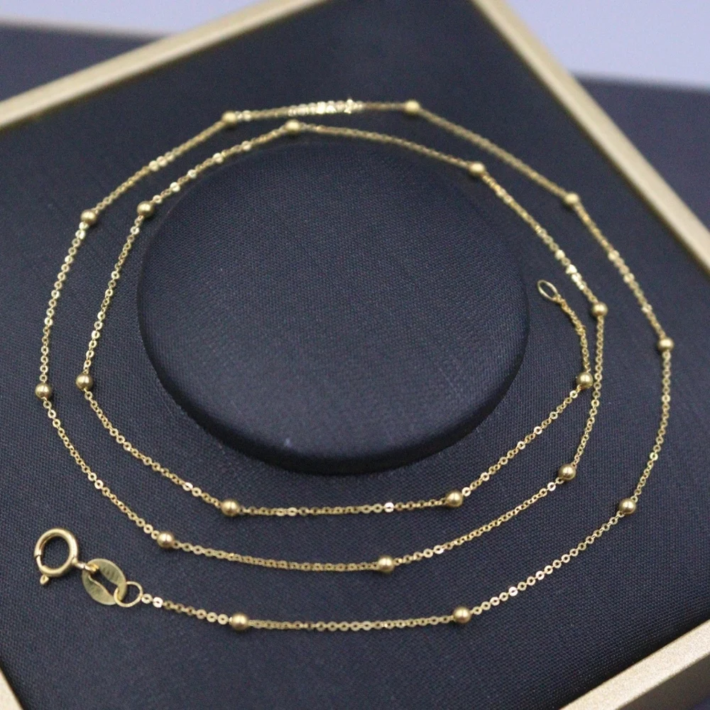 

Real Pure 18K Yellow Gold Chain Women Lucky 1.8mm Glossy Beads O Link Necklace 45cm /1.1-1.3g