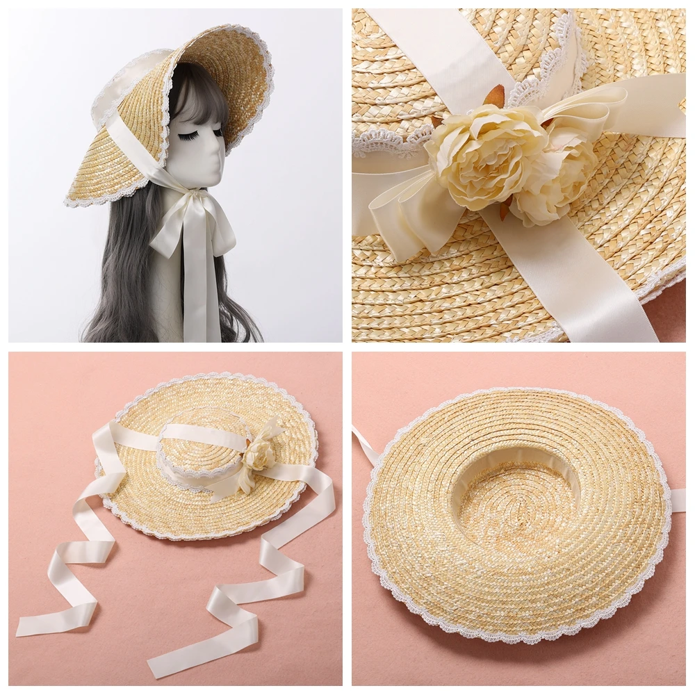 Sweet Women Lolita Straw Sun Hat Lace Ribbon Bowknot Wide Brim Cosplay Props Elegant Tea Party Beach Flat Bonnet Cap Accessories