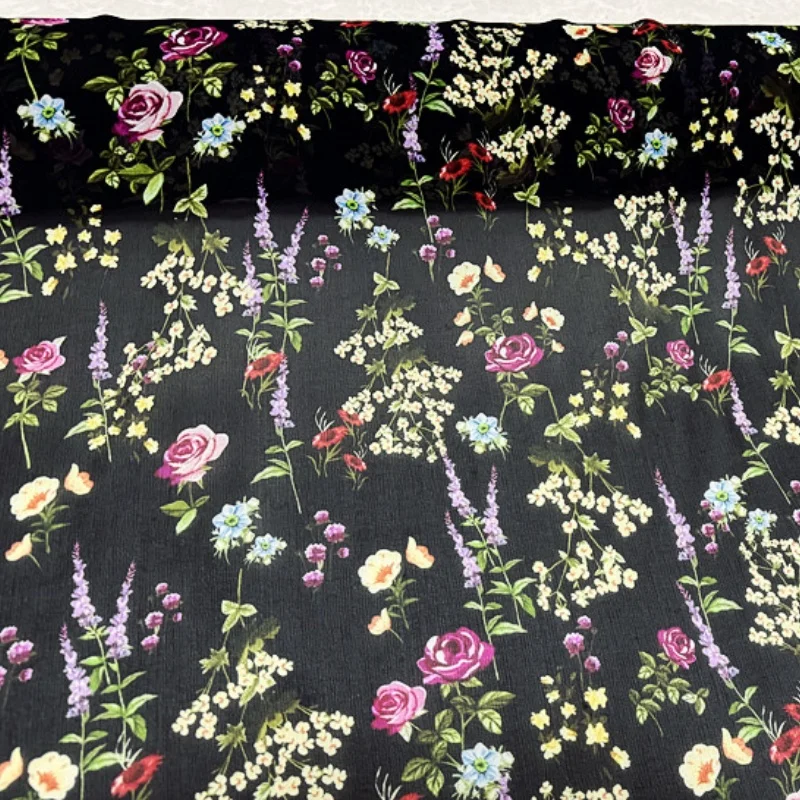 

1 метр, 100% шелк шелковицы, 10 мм, тонкая шелковая ткань из жоржета, черная, с цветочным принтом, ширина 137 см, 54 дюйма, по дворам XL218