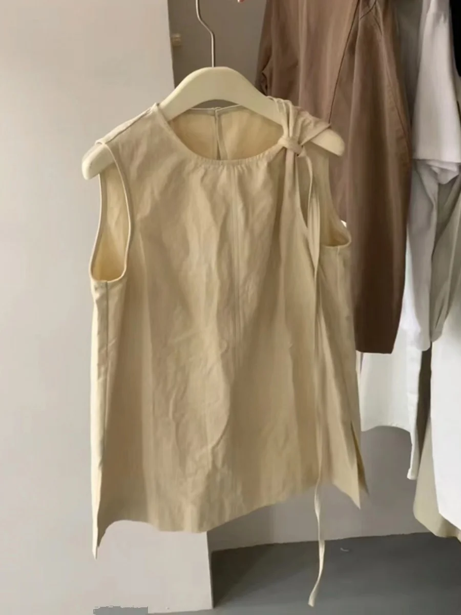 

Корейская дизайнерская сенсация: Свободная женская летняя блузка без бретелек, элегантный красивый топ без рукавов в повседневном стиле с круглым вырезом