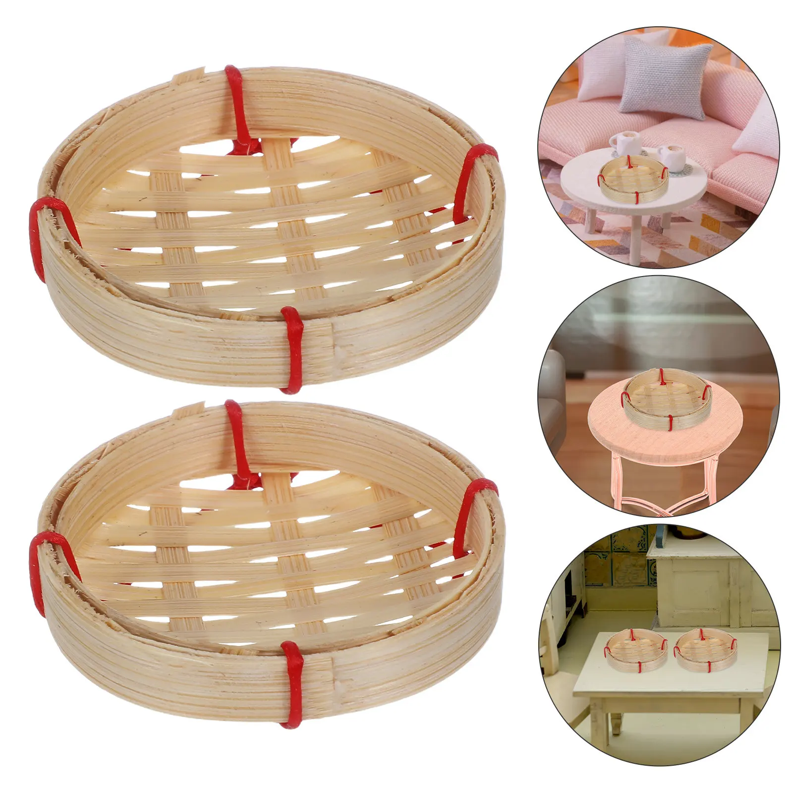 2Pcs Handwoven Mini Bamboo Basket Round Organizer for Small Items Storage Decorative Tray Compact Portable Design