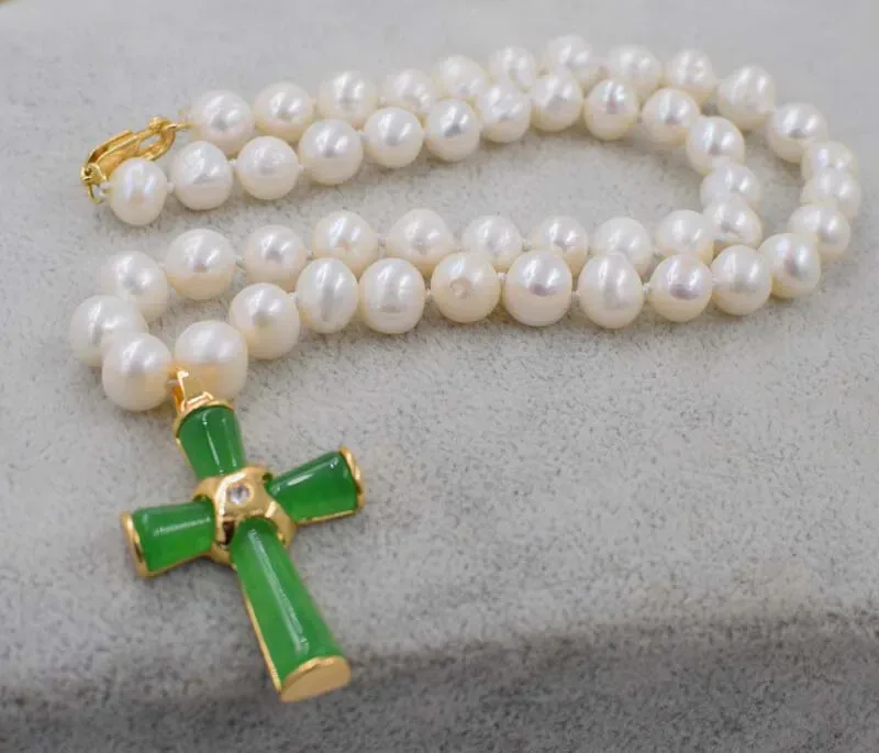 freshwater pearl near round white 8-9mm necklace +green jade cross pendant 45CM nature FPPJ wholesale beads