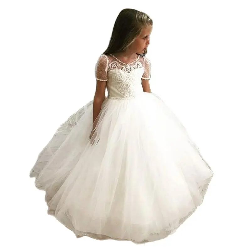 White Flower Girl Dresses for Wedding With Bow Puff Sleeves Princess Pageant Dress Tulle Toddlers First Communion Party Gowns