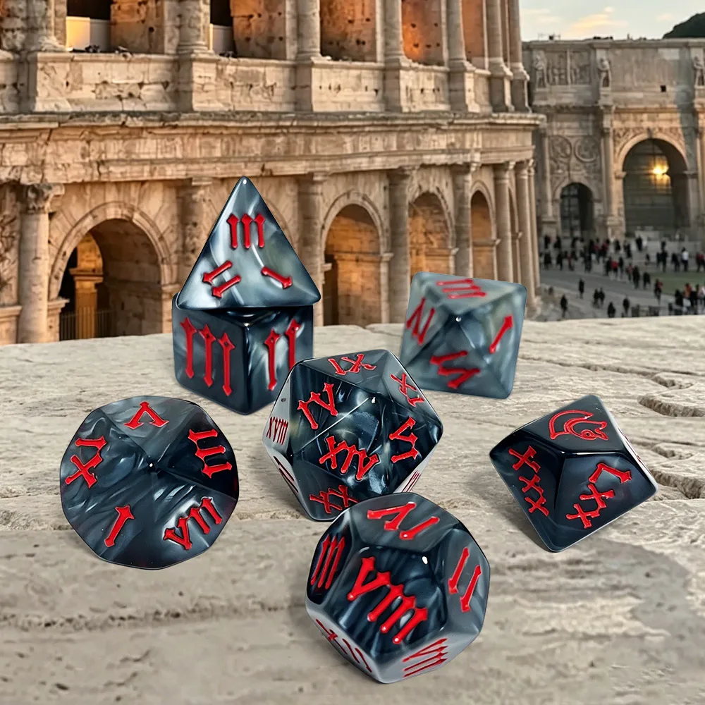 7PCS Gray Marbled Acrylic Polyhedral Dice, Red Gothic Roman Numeral DND Dice for Dungeons & Dragons TRPG Tabletop Role Playing