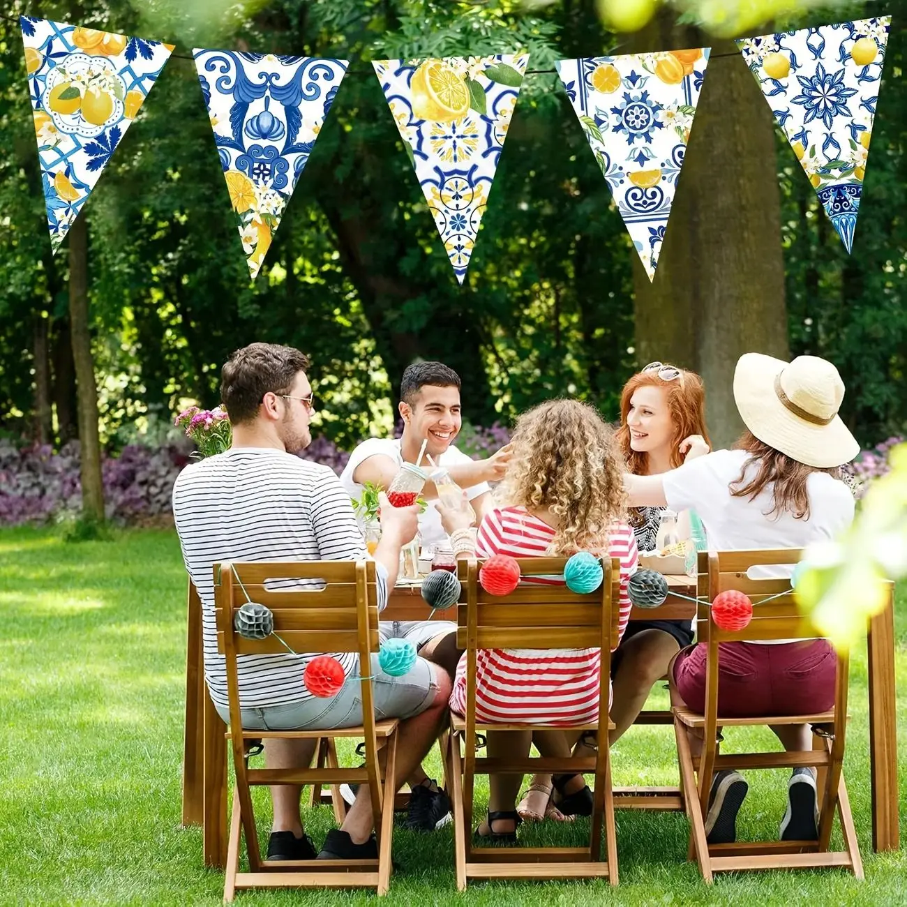 Zitronenblaue Fliesen-Wimpelkette im mediterranen Stil, dreieckige Flaggen für Sommer-Gartenparty, Brautparty, Geburtstagsdekorationen – Detail 2