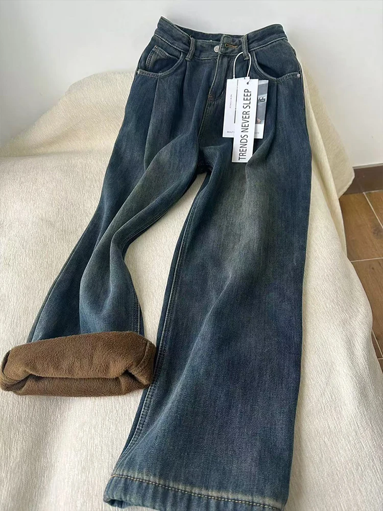 Women's Fce Lined High Waist Straight Leg Thiened Warm Denim Jeans Autumn Winter New Sle Loose Drapey Vintage Wide Leg...
