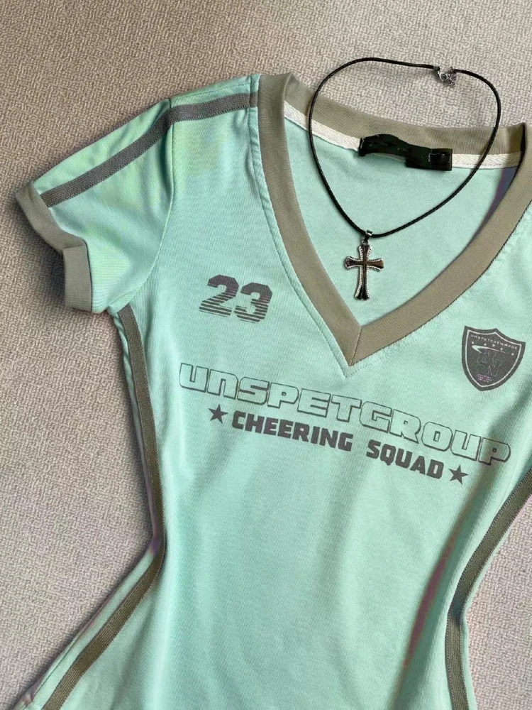 HOUZHOU 미국 복고풍 스포츠 티셔츠 여성 Y2k 섹시한 v 넥 반팔 티셔츠 빈티지 패치 워크 Coquette Blokecore 티셔츠