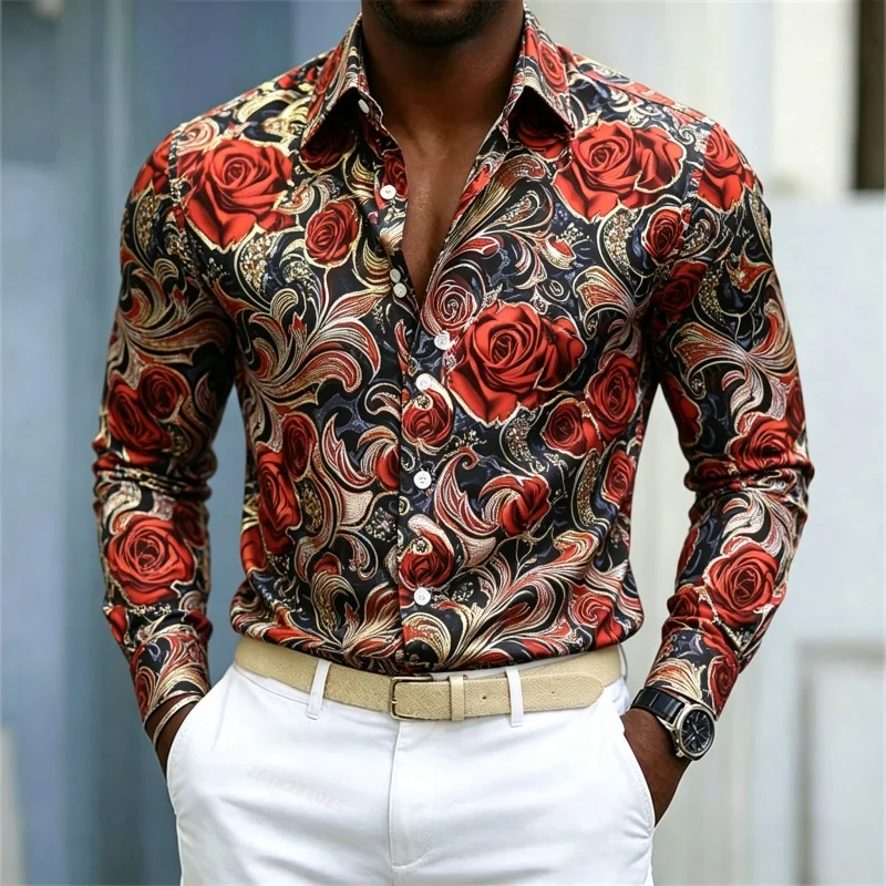 Men's shirt with rose print, black gold base, retro slim fit, long sleeved, street style, business casual, men's clothing XS-6XL