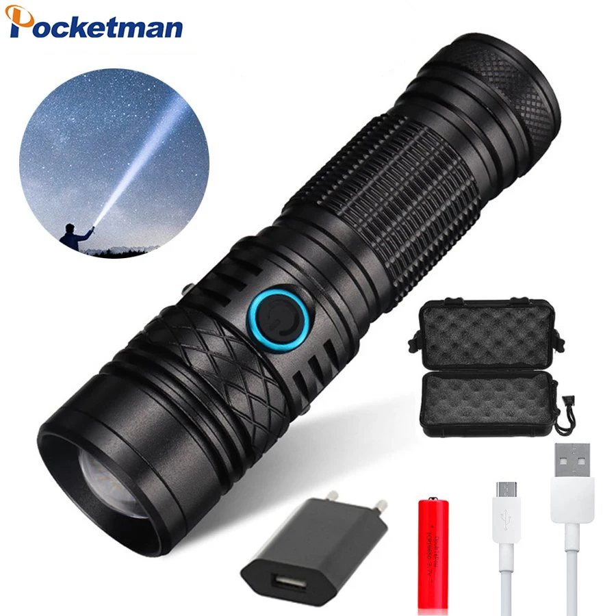 lanterna-led-p50-poderosa-recarregavel-via-usb-lanterna-tatica-com-zoom-e-4-modos-A-prova-d'Agua-para-camping-e-caminhadas
