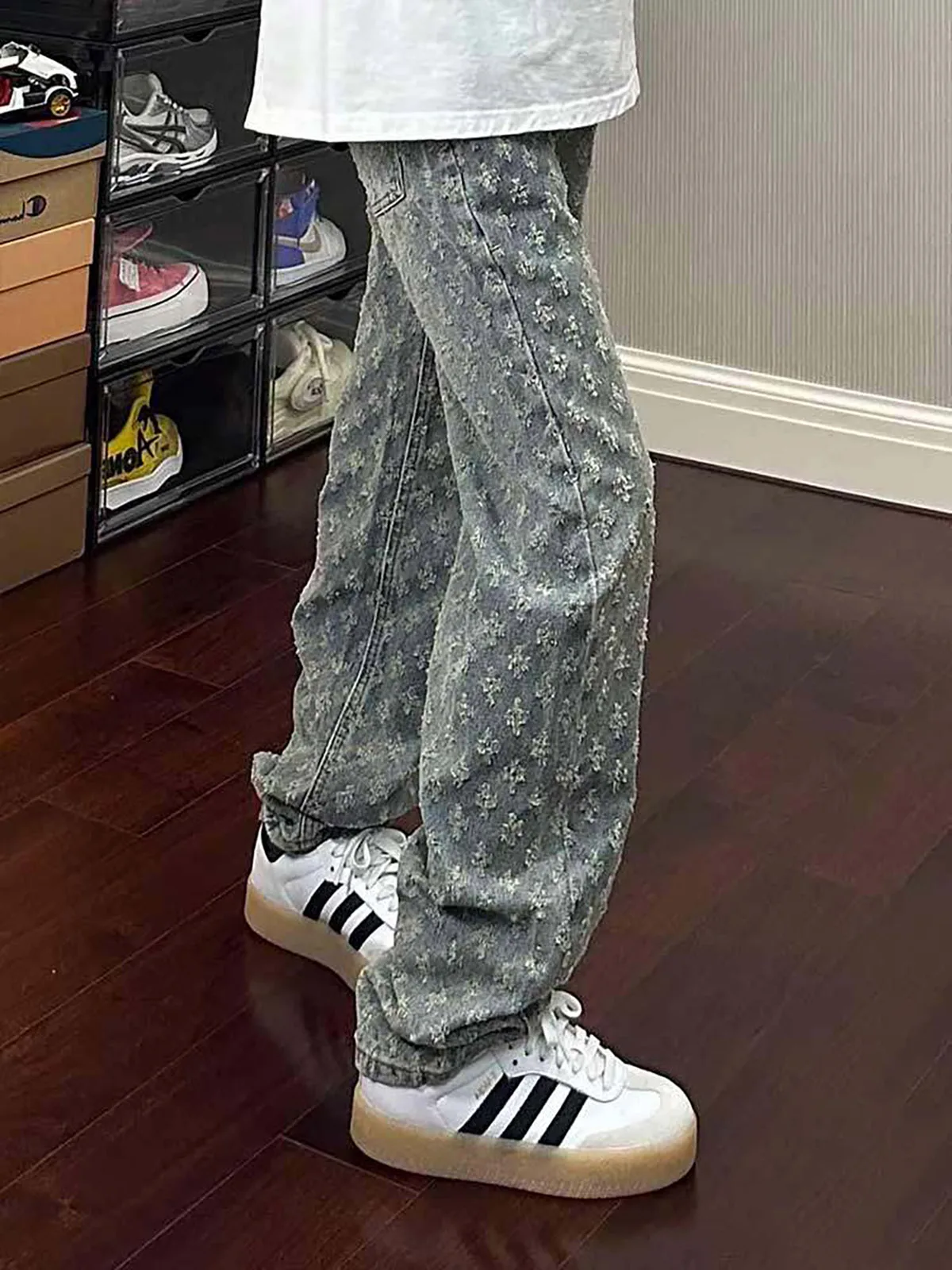 Trendy Straight Leg Denim Jeans Men's Handsome 2026 Spring Autumn High-End Vibe Floral Print Casual Loose Fit Jeans