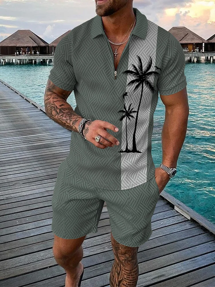 

Funny Coconut Tree Print Men's Sets Summer Fashion Zip Polo Short Sleeve Tops +Shorts Outfit Hawaiian Beach Vacation Casual Suit