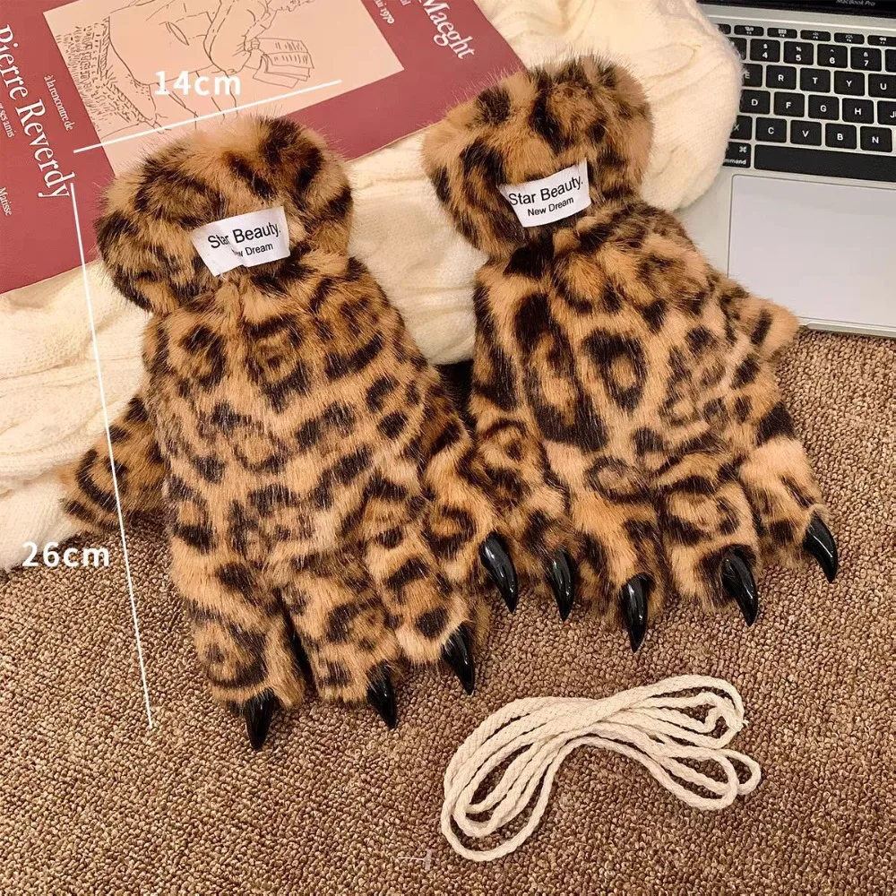 Winter Warm Furry Gloves Spicy Girl Cosplay Cool Props Tiger Claw Gloves Leopard Print Thickened Riding Padded Gloves Women Gift