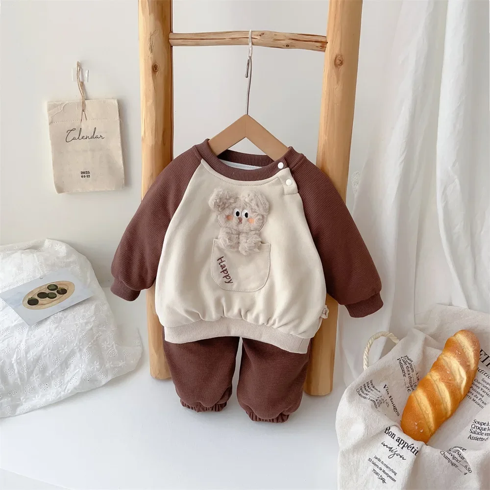 2024 winter new in kids baby girls boys thicken velvet warm cartoon cute clothing set 2pcs , infant toddler sweatshirts+pants