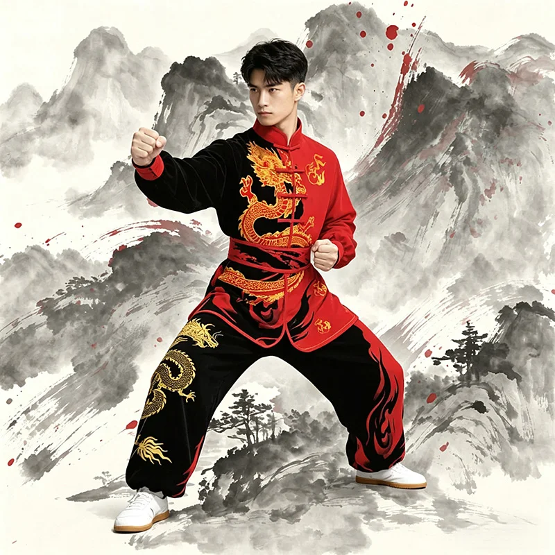Premium High-End Unisex Tai Chi Practice Uniform Spring/Summer 2026 New Red Dragon Embroidery Cotton-Silk Blend