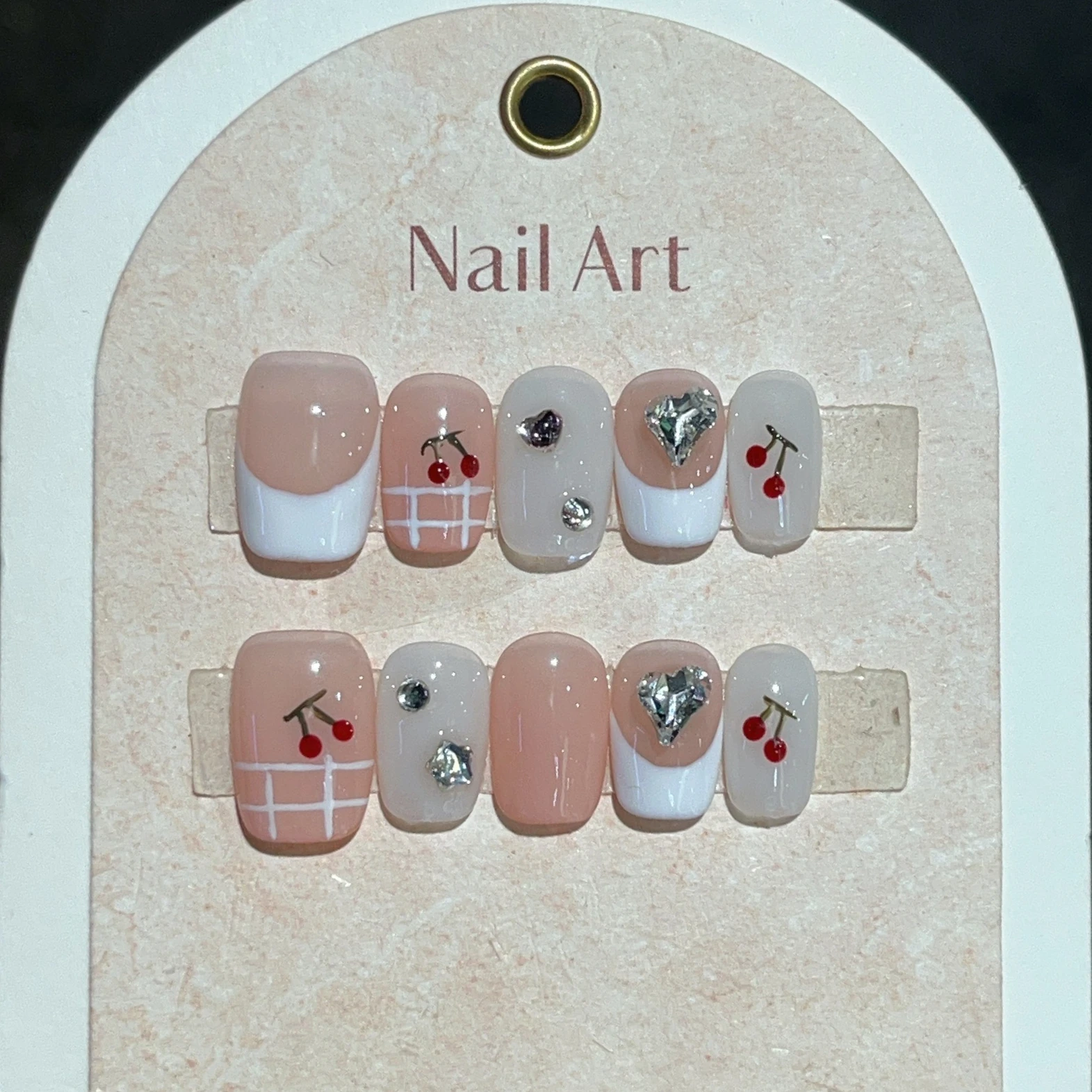 10Pcs Summer Handmade Press On Nails Full Cover Cherry Flower Design Cat Eye Simplicity False Nails Wearable Manicure Nail Tips