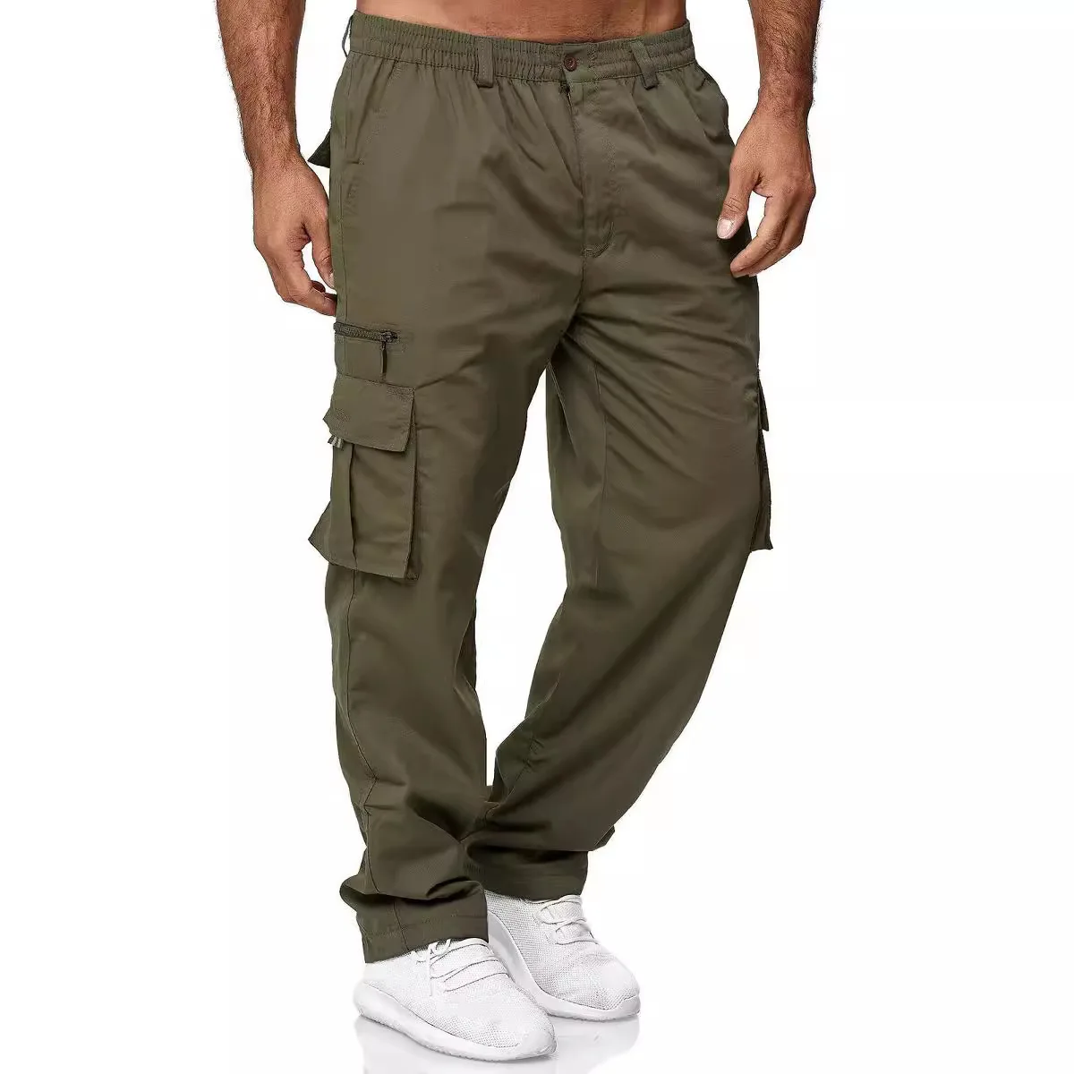 Men's Solid Color Straight Sports Pants Drawstring Loose Cargo Pants Full Length High Waist
