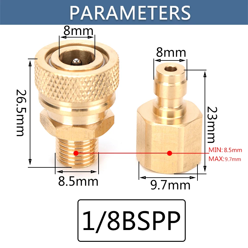 Recarga de aire de cobre M10x1, conector de enchufe hembra 1/8NPT macho, acoplador de desconexión rápida, ajuste 1/8bspp, 2 unids/set