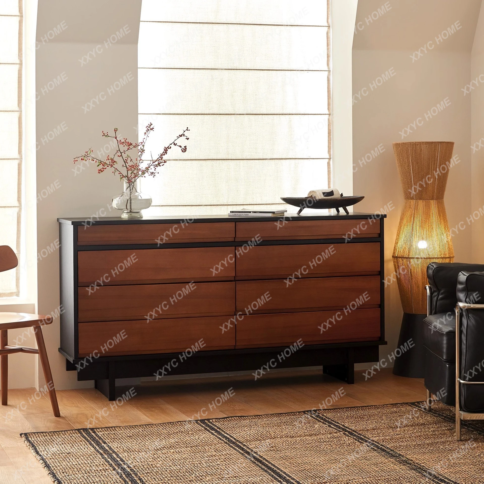 L solid wood bedroom storage drawer bedside locker living room wall double color retro cabinet