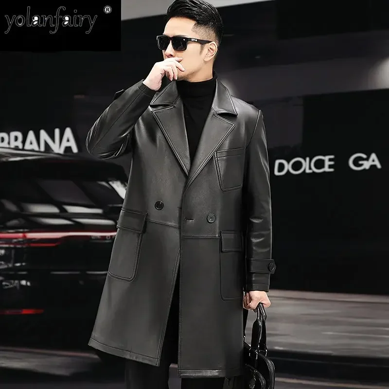 

2022 New Trend 100% Real Sheepskin Coat Men Long Slim Suit Collar Nataral Leather Trenchcoat Business Casual Pure Leather Jacket