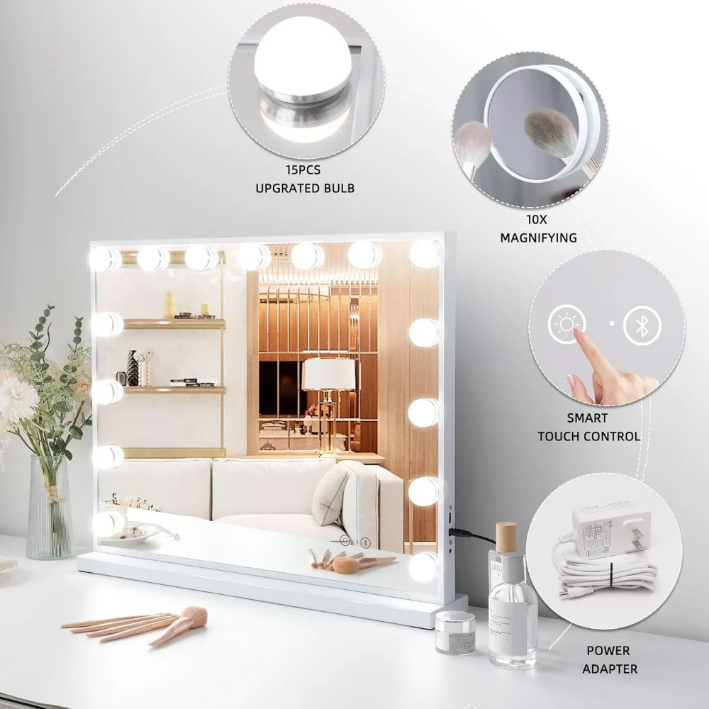 조명이 있는 화장대 거울, 조명 메이크업 거울, 15 개의 전구, 3 가지 조명 색상, 밝기 조절 가능, USB 포트, 탁상 벽