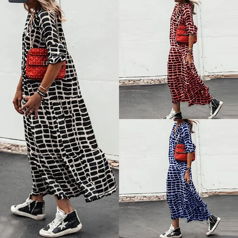 

Womens Geometric Print Maxi Casual Day Dress Loose Fit Trendy Plus Size Hide Fat Showy 2022 Summer