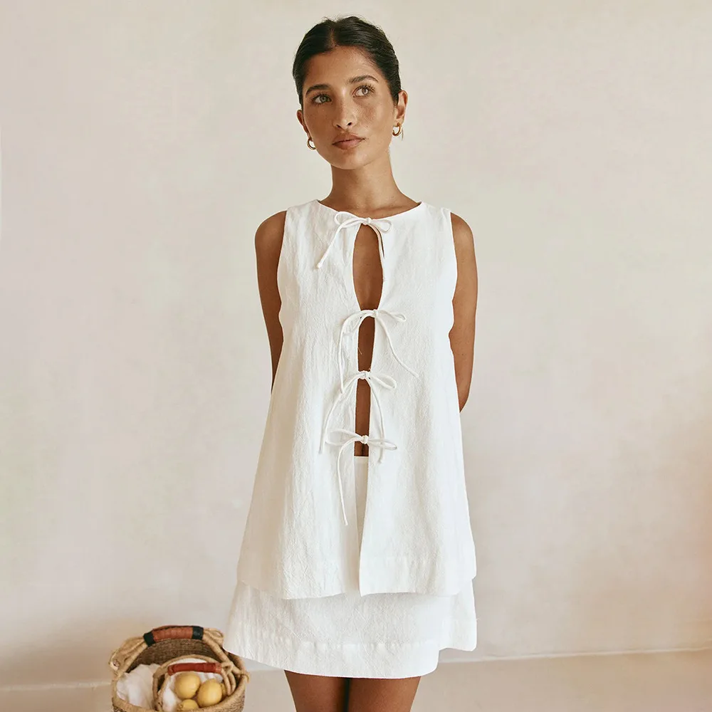 Women Sleeveless Short Dress Set Summer New Round Neck Open Front Tie Top A Line Skirt Suit 2-piece Set