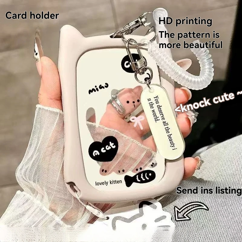 1PC Card Storage Transparent Cute Cat Ear Card Cover Student Campus Bus Subway ID Protection Cover Super Cute