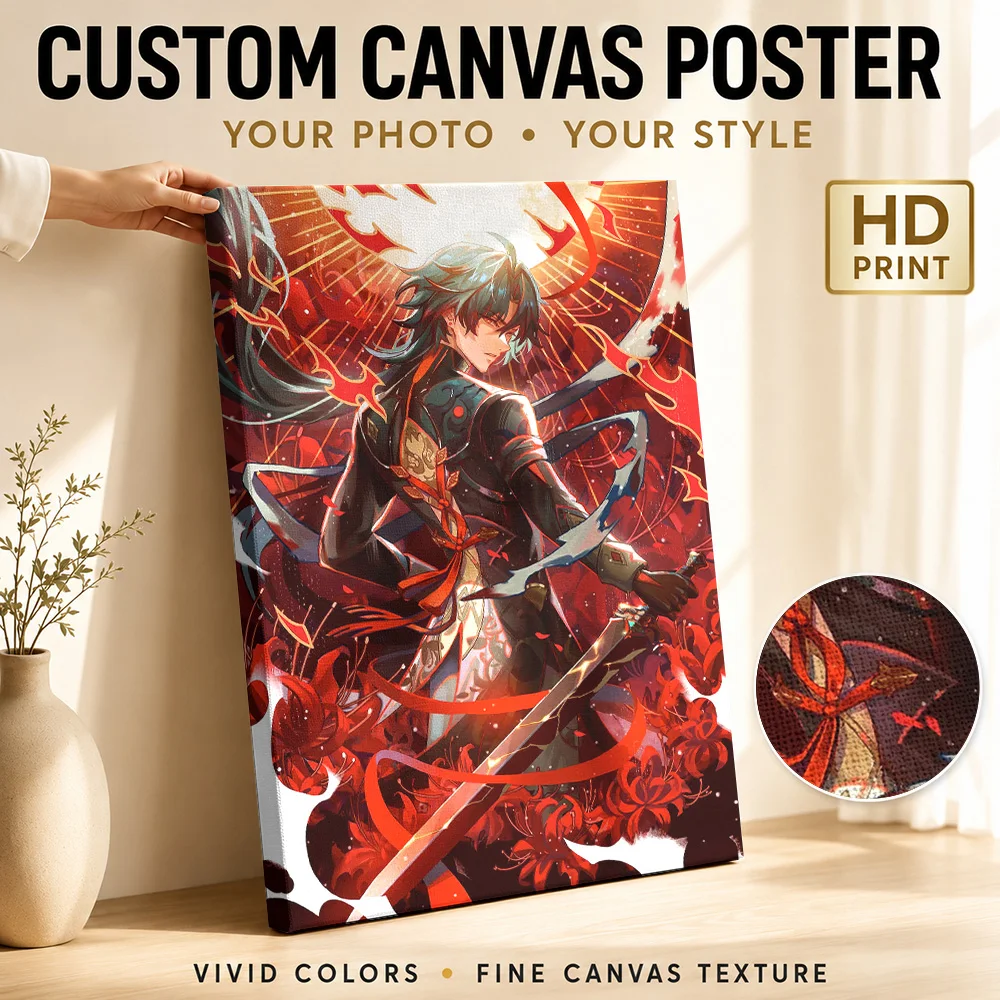 Anime Warrior with Sword and Red Flowers Canvas Poster Personalized Gaming Anime Canvas Wall Art for Game Room Dorm Decoration
