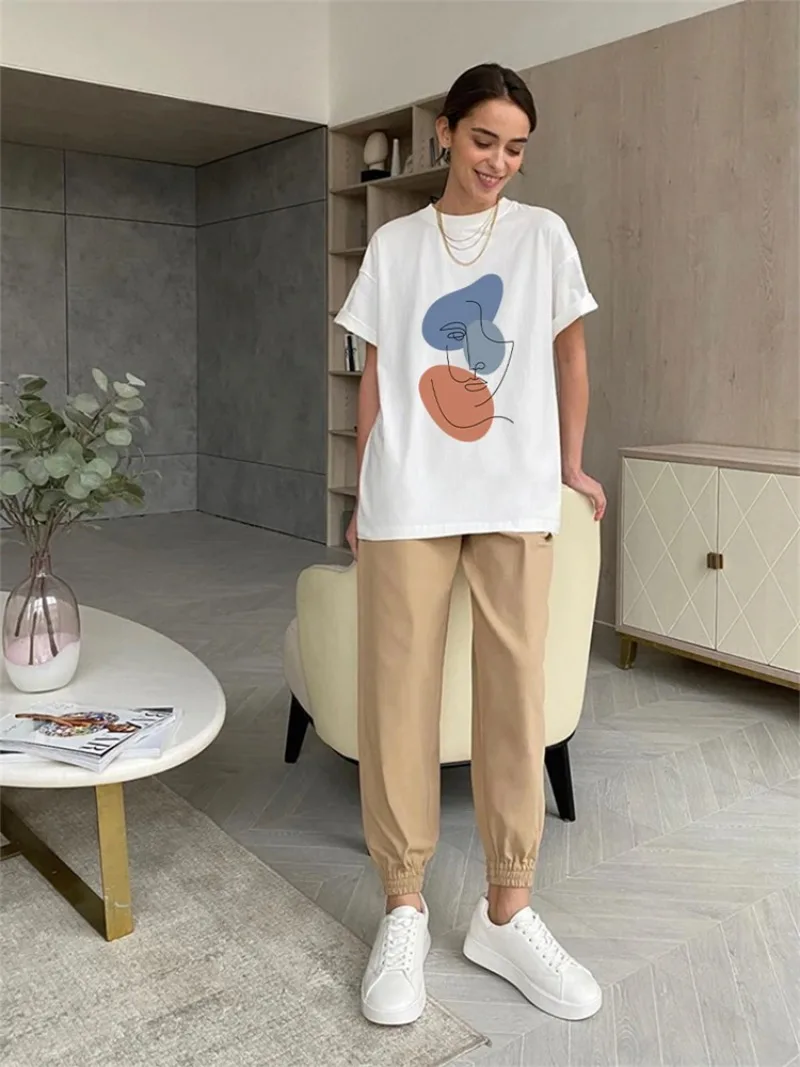 

Summer Soft O-neck Short Sleeve Tees Casual Loose 100% Cotton Female Pullover Hirsionsan Elegant Abstract Graphic T-hirts Women