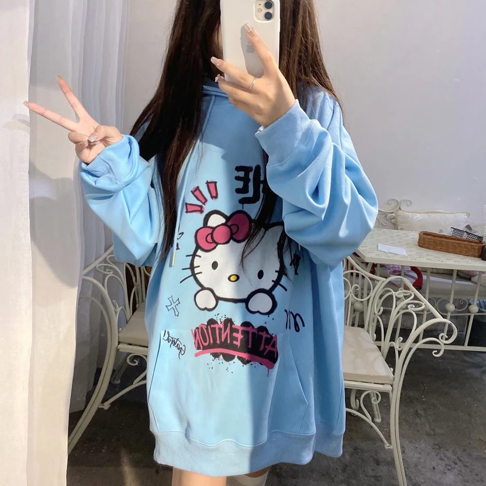 

Толстовка с капюшоном Sanrio с героями мультфильмов, осень-зима, новые милые женские свободные повседневные студенческие топы с длинными рукавами и принтом «Hello Kitty»