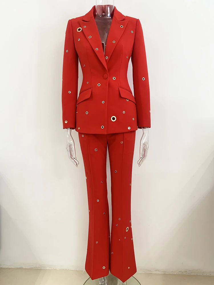 HIGH STREET 2024 FW Designer Fashion Runway Suit Set Ladies Slim Fit Single Button Rivet Gromet Blazer Jacket Pants Suit