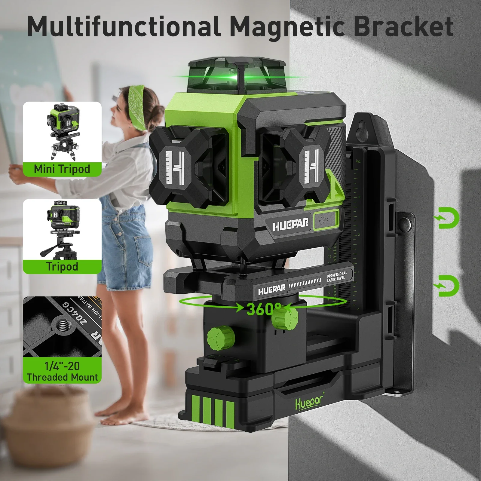 Huepar 4D 16 linee livello Laser a linee incrociate Z04CG schermo LCD Bluetooth e telecomando Osram Green Beam con 2x batterie agli ioni di litio