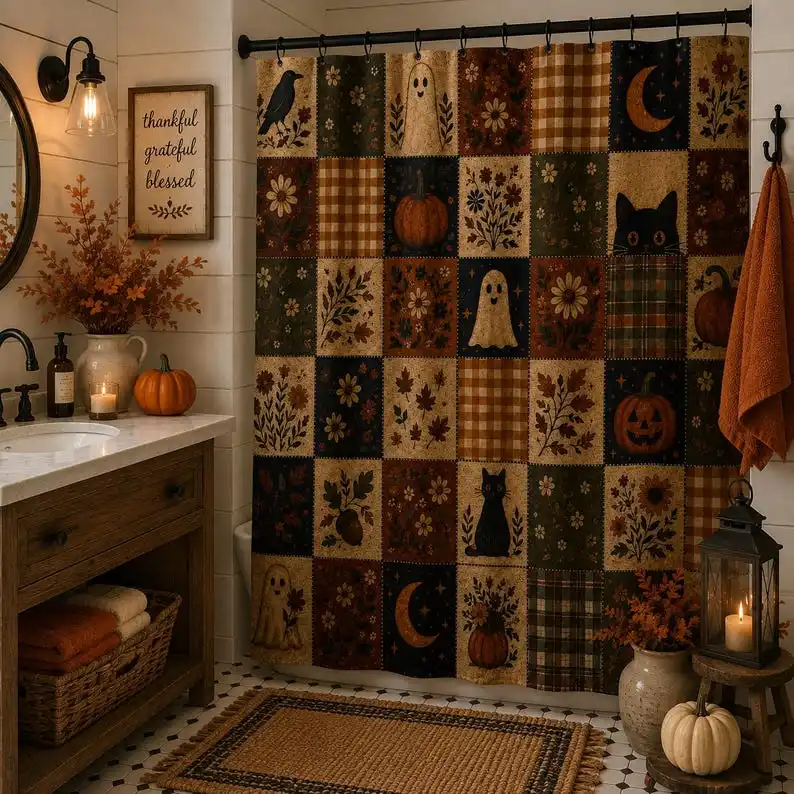 Primitive Patchwork Halloween Shower Curtain| Pumpkin Ghost Cat Plaid