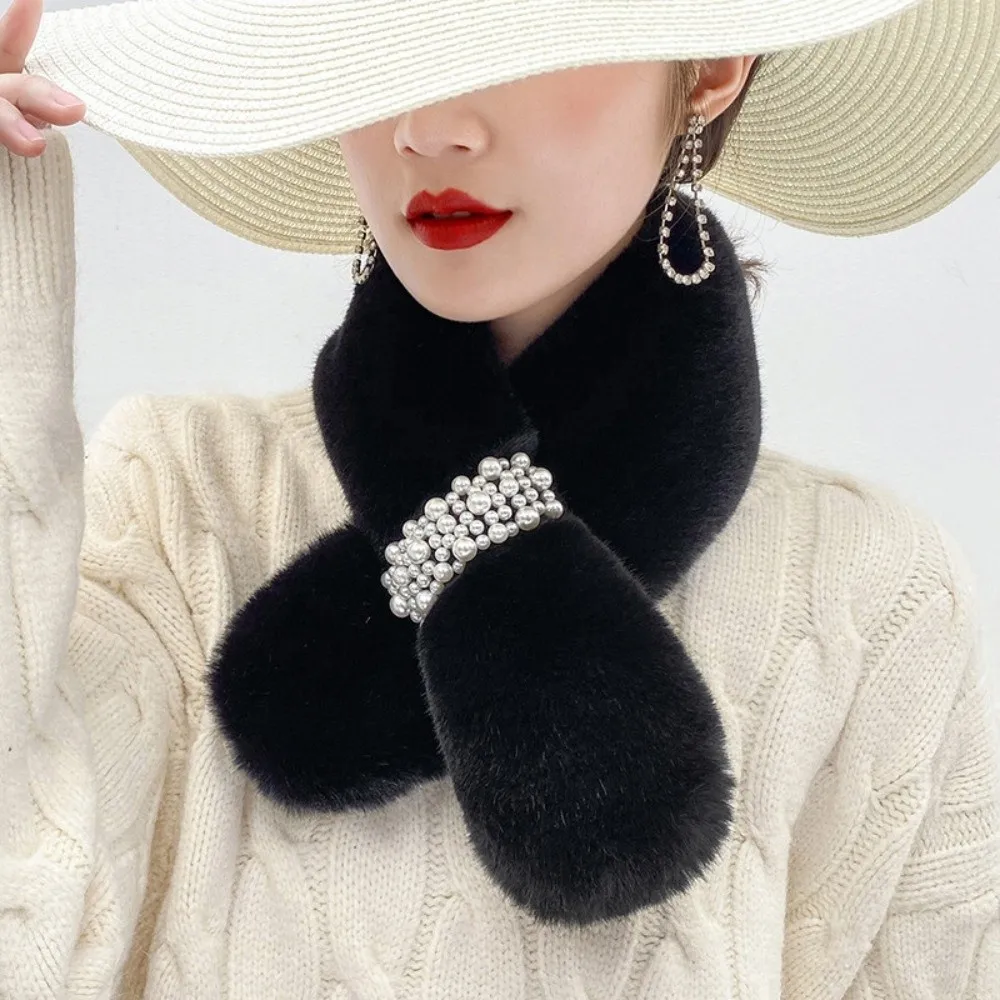 High Quality Solid Color Cross Scarf Pearl Decoration Thicken Neck Scarf Faux Rabbit Fur Warm Neck Warmer Women