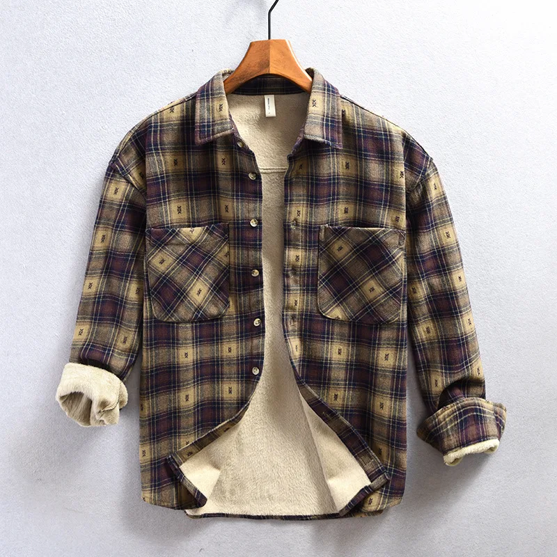 Z227 Men\'s Plaid Fleece Casual Shirt Autumn Winter Multi Pockets Fashion Loose Long Sleeve Tops Vintage Simple Cozy Male Blouses