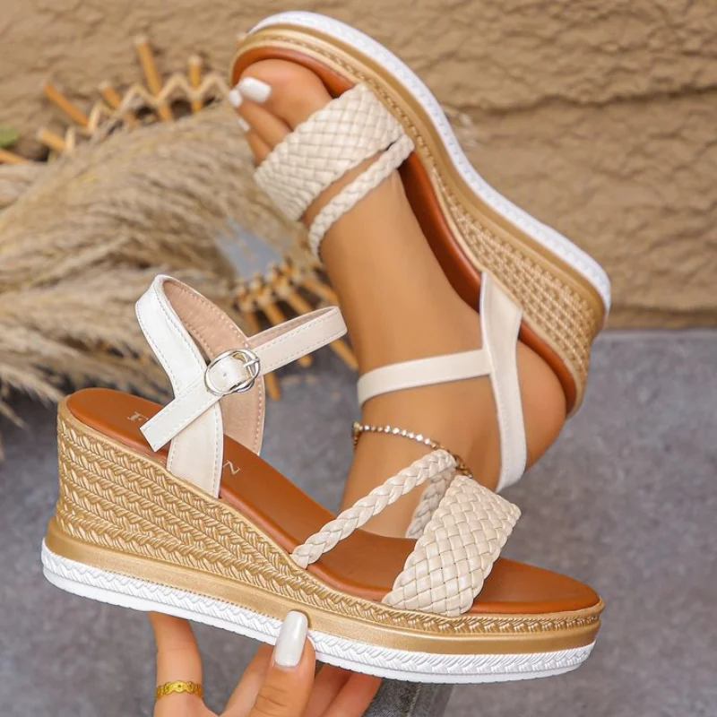 2025 New Women Wedges Sandals Platform Outdoor Dress Shoes Open Toe Buckle Strap Sandals Round Toe High Heels Shoes for Women