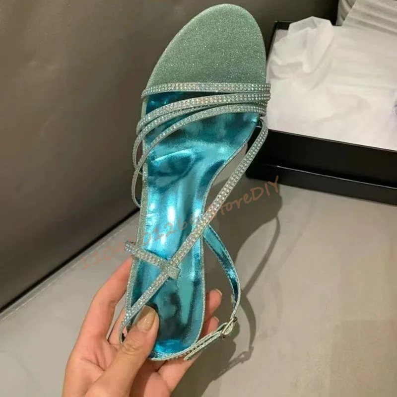 7 و 9 سنتيمتر كعب الوردي حجر الراين كعب مع الأحجار الكريمة لامعة صنادل عالية الكعب الصيف الفرقة الأشرطة أحذية النساء