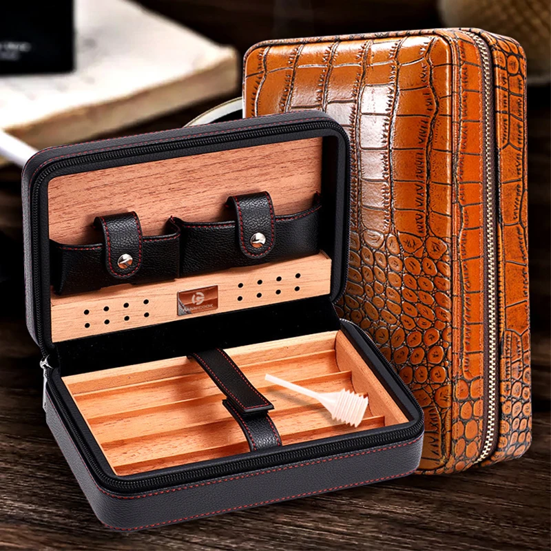 Luxury Portable Cigar Humidor, Leather Travel Box with Humidifier, 4-6 Cigar Capacity
