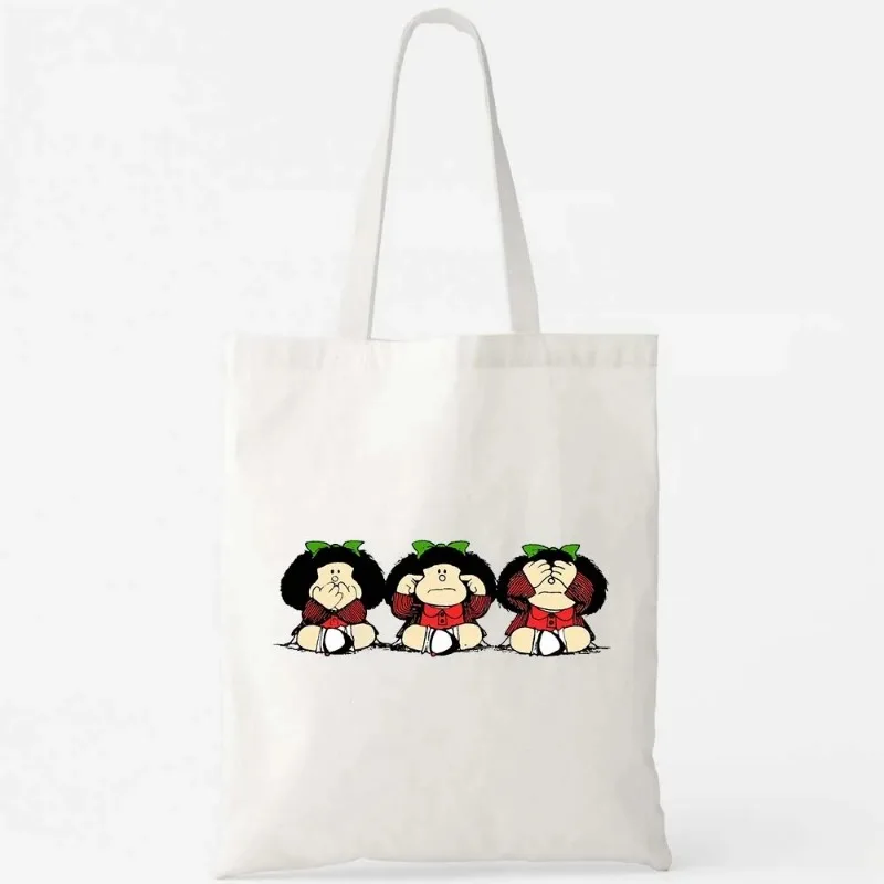 Kawaii Mafalda Cute Anime Girl 90s Cartoon White Shopping Bag Canvas Reusable Large Shoulder School Handbags