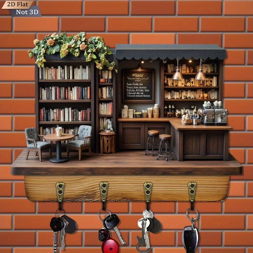 . 2D Flat. 1pc, retro coffeehouse style key hook, wooden multi-functional home key rack, with four metal hooks, wall decor,